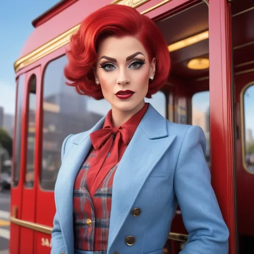 Prompt: Hyper-realistic 8k hd hi-res digital photography (Gorgeous California caucasian drag queen(with strong masculine jawline and brow features)), stepping onboard the bright red (San Francisco Cable Car), chic (pixie cut red hair), radiant face, wearing a stylish (sky-blue blazer), (knit top), and a (light blue plaid pleated skirt), paired with (black fashion boots), set against a vibrant, (sunny day), bustling atmosphere, (dynamic scene). Captured in ultra-detailed (8K) resolution, photorealistic style.
