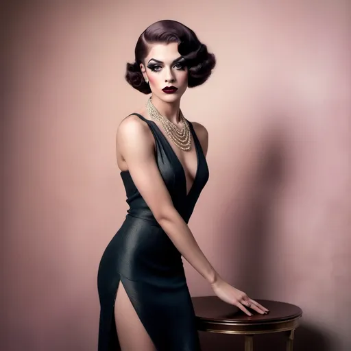 Prompt: photorealistic, (old Hollywood 1920s style), (a Gorgeous muscular 21-year-old British drag queen (extremely strong masculine jawline and brow features)), elegant attire, dark eye makeup, dark lipstick, full length body, soft lighting capturing a nostalgic atmosphere, muted pastel colors, timeless beauty, luxurious and refined setting, classic film vibe, vintage glamour, intricately detailed background elements, opulent decor, art deco influences, airy ambiance, warm tones, HD, ultra-detailed, cinematic quality.