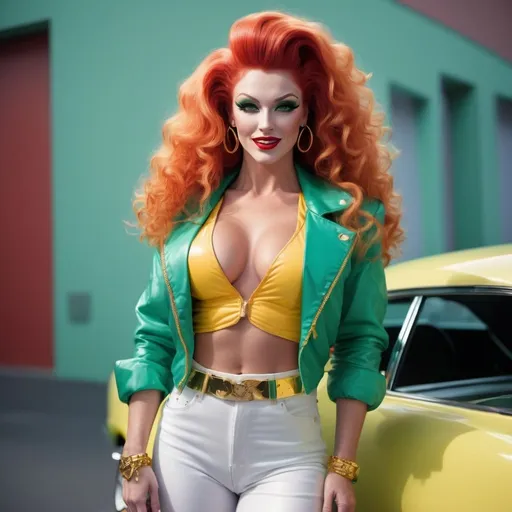 Prompt: Gorgeous ultra-muscular 25-year-old Finnish drag queen bodybuilder with huge busom, ((ridiculously long thick curly teased red hair)) and emerald green eyes, mint 80s style jacket with sleeves rolled up, yellow blouse, white denim shorts, white stiletto high heel sneakers, detailed oval face, gold pendant with sapphire gem, (head tilted back, laughing) Patrick Nagel style, high-res, realistic digital render, 8k photographic image, detailed eyes, professional, atmospheric lighting, fashionable, 80s retro, vibrant colors, classic car backdrop, bosomy physique