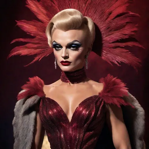 Prompt: image of James Cagney dressed as a (muscular body) gorgeous 25-year-old Czechian drag queen wearing a flamboyant, yet conservative Bob Mackie designer Gown, very well endowed, dark heavy eye makeup,  dark red lipstick, hyper-realistic quality, ultra-detailed 4K imagery.