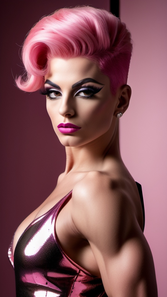 Prompt: A gorgeous ultra-muscular 25-year-old Italian drag queen bodybuilder with short spiky swept over pink hair (in a stunning long shaped Moschino dress), capturing an elegant poise, set against a glamorous backdrop, rich colors blended into a high contrast scene, soft ambient lighting highlighting the dress details, stylish accessories enhancing the royal aesthetic, flowing fabric, luxurious textures, surrounded by a warm and inviting atmosphere, high definition, ultra-detailed, fashion photography.