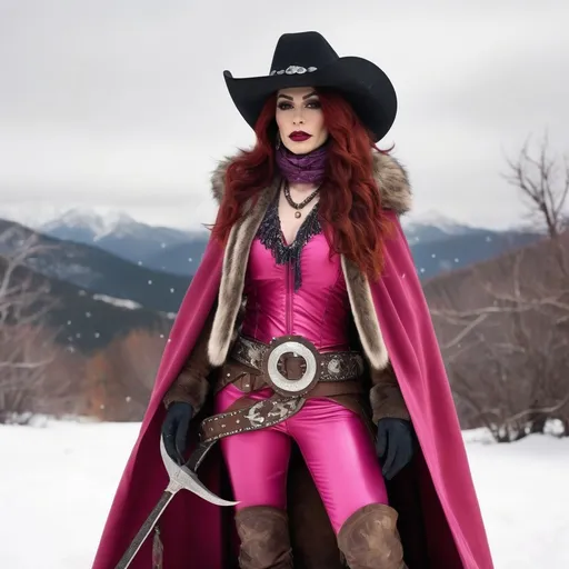 Prompt: A hi-res 8k hd digital photograph of a proud gorgeous rugged drag queen (with masculine jawline and brow) cowgirl with huge busom in winter snowy mountains. She is wearing a dark pink cloak lined with fur and a scarf over metal armor. She has ridiculously long wavy dark red hair and a black cowboy hat. She is holding a halberd. It is snowing and windy. She is smiling. Cowboy hat.
