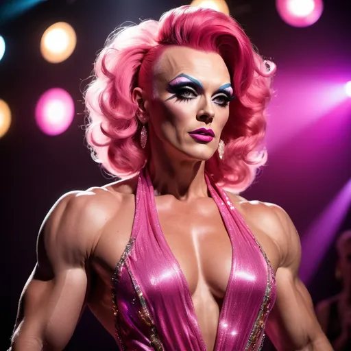 Prompt: Greg Davies dressed up as a Gorgeous statuesque 25-year-old Russian drag queen bodybuilder runway model with pink hair walking the catwalk at a fashion show.