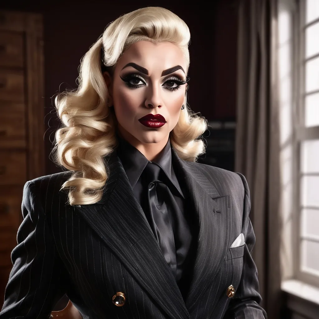 Prompt: (photorealistic) gorgeous muscular 25-year-old British drag queen bodybuilder (with large busom, dark eyeshadow, and dark lipstick) as a private eye in 1945, (intense expression), wearing a black double-breasted pinstripe trouser suit, tied to a chair with white ropes, (dimly lit) storeroom filled with wooden crates, shadows creating an atmosphere of suspense, intricate details, high contrast, (4K clarity), dramatic and cinematic ambiance.