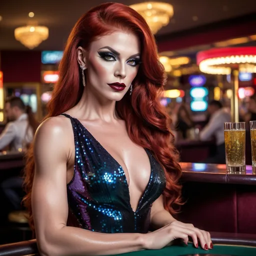 Prompt: Gorgeous, muscular, transwoman showgirl (with very strong masculine jawline and brow) with long luscious bright red hair, dark eye makeup,  and dark lipstick wearing a beautiful designer sequined gown and heels. Sitting confidently at the bar in a casino. 