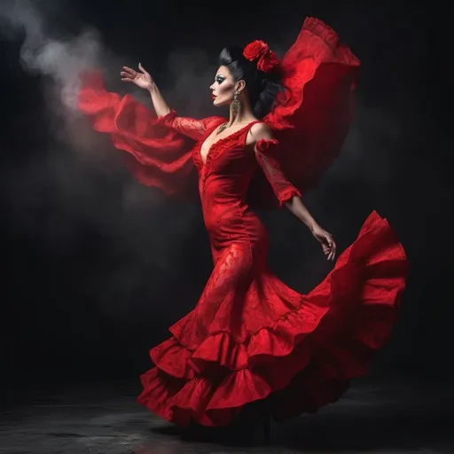 Prompt: a beautiful and sensual 35-year-old drag queen flamenco dancer in red dress dancing gracefully, dark minimalist background, gorgeous detailed face features, background space around her, 
Splash art, hyper detailed, ultra realistic, highly detailed, surreal heavy mist,
Perfect studio lighting, perfect shading, impeccable contrast, HDR, UHD, high res, 64k