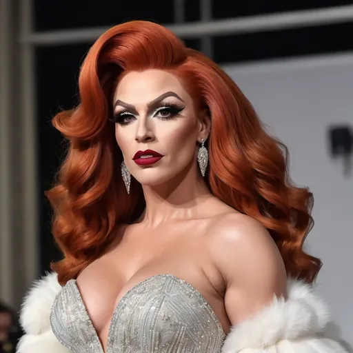 Prompt: A fierce, gorgeous, very muscular, 28-year-old, caucasian, red-headed Swedish drag queen (big busom) in a custom-made gown, with dramatic eyelashes and a confident pose, ready to slay on the runway