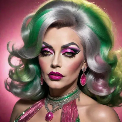 Prompt: image of James Dean dressed as a gorgeous 45-year-old (((full figured))) Czechian drag queen with very long professionally styled silver & black hair, wearing a flamboyant, yet conservative pink yellow and green Bob Mackie designer Gown, heavy eye makeup,  dark red lipstick, posing in a smokey Cabaret. hyper-realistic quality, ultra-detailed 4K imagery.