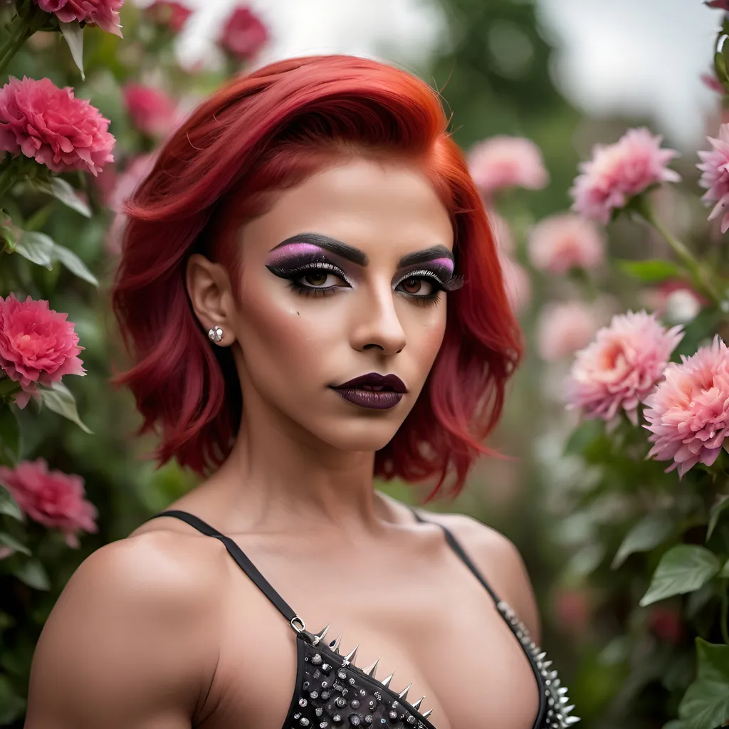 Prompt: Gorgeous muscular 25-year-old Syrian drag queen bodybuilder with short spiky bright red hair, dark eyeshadow,  and dark lipstick wearind a short, airy transparent dress, flowing in a flower garden. Professional photography, bokeh, natural lighting, canon lens, shot on dslr 64 megapixels sharp focus