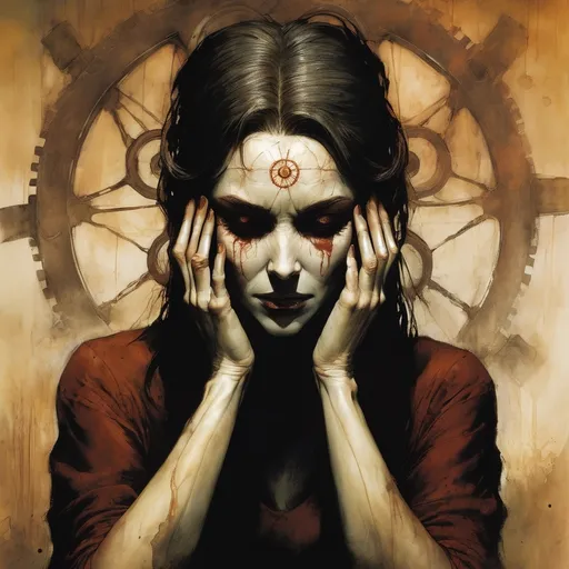 Prompt: a painting of a woman with her hands on her face and hands on her face, with a wheel in the background, Ben Templesmith, antipodeans, elden ring, concept art