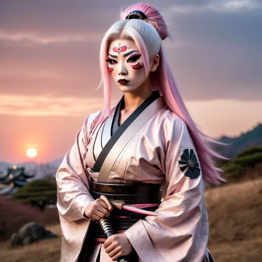 Prompt: A gorgeous muscular 21-year-old Japanese drag queen Samurai (dark eye makeup, dark lipstick, big busom, and platinum pink hair) wearing a traditional ancient Samurai yoroi and holding a katana in one hand, standing in a battle stance. 13th century Japan at sunset.