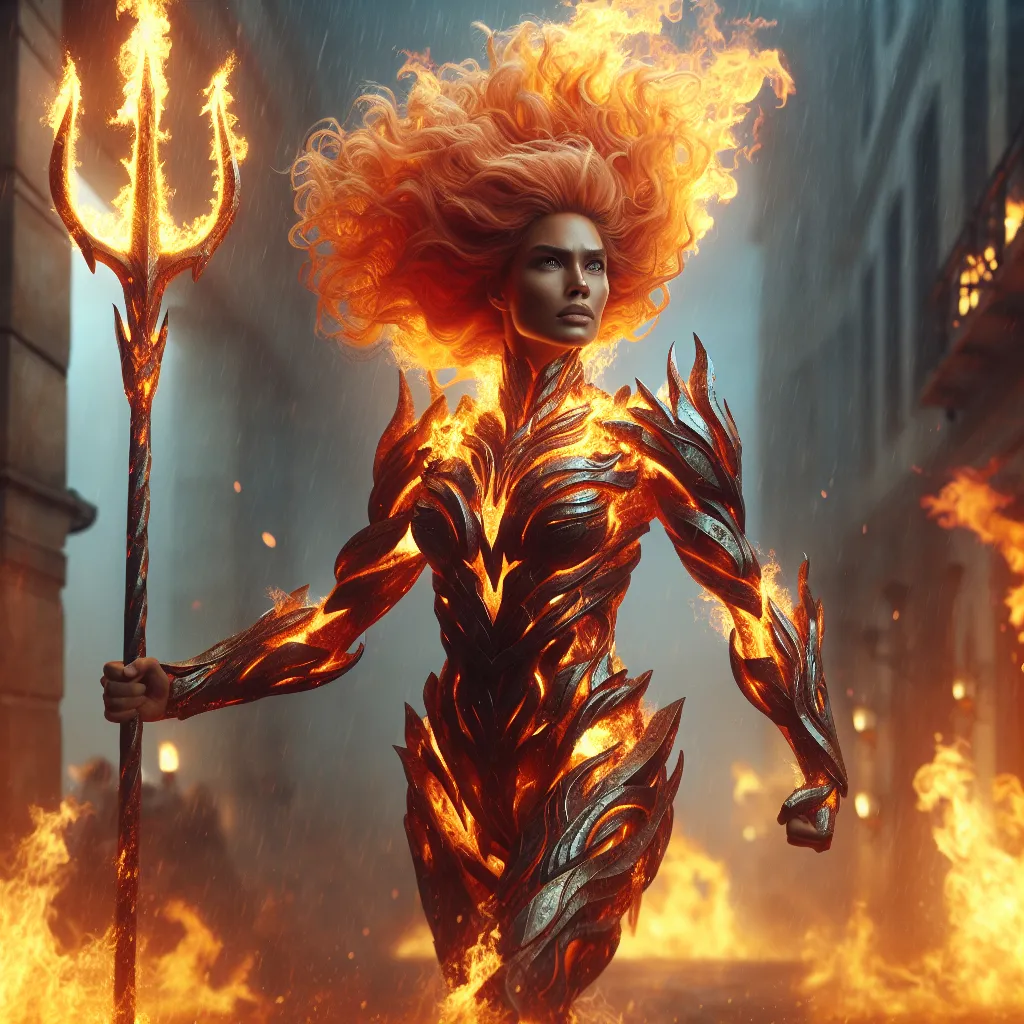 Prompt: Gorgeous muscular 25-year-old (Caucasian) goddess carrying a flaming trident, wearing armor of fire, ridiculously long flowing hair of fire, walking through a burning town.