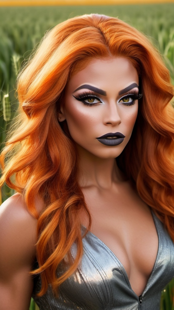 Prompt: (Walking through a sunkissed wheat field) Gorgeous ultra-muscular 25-year-old drag queen who is multiracial of Dutch, Persian, and Russian origin with Breathtakingly Gorgeous features. She has long, wavy bight orange hair and grey eyes, and her skin tone is olive complexion. Wearing dark eye shadow and dark lipstick. She is currently wearing a sundress and 8 inch stiletto knee-high boots. Walking through a sunkissed wheat field.