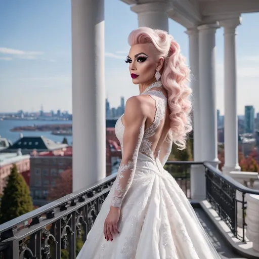 Prompt: Gorgeous ultra-muscular 25-year-old Finnish drag queen bodybuilder with ridiculously long wavy platinum pink updo hairstyle wearing an elegant white wedding dress, standing on the balcony of her luxurious mansion overlooking the city skyline. She has dark eye makeup and dark red lipstick. The gown features delicate lace detailing along its bodice and halter neckline, complemented by sheer sleeves that accentuate her figure's curves. Her pose is confident yet graceful as she gazes out at the horizon, embodying grace and elegance in timeless beauty in the style of a classic painting