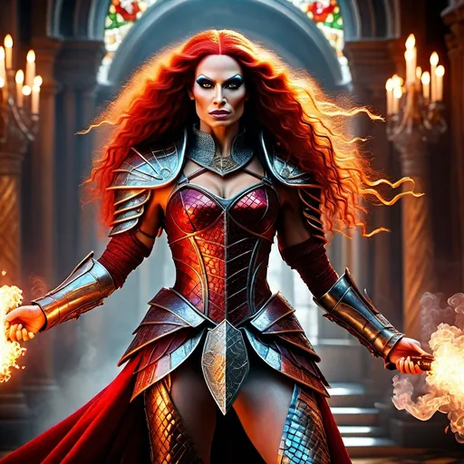 Prompt: In the creative style and detail of Leonardo Da Vinci create a highly detailed, ultra high definition photo-realistic image of a gorgeously stunning beautiful otherworldly muscular fictional fantasy drag queen, casting magic nuclear blasts, with ridiculously long flowing red hair, ample cleavage, body surrounded by magical swirling mist. 

Wearing full dragon scale armor (random pose) pulling magic from a foes heart in a marbled mosaic temple hall of a Majestic castle, maintaining a magic casters alluring pose. Full body, centered, fantasy setting, character concept, cinematic, colorful background, concept art, dramatic lighting, highly detailed, hyper realistic, intricate sharp details, octane render, smooth, ultra studio lighting, perfect shading and shadows, trending on art station, 64k, HDR, unreal engine, emotive, cgi, animated, character art, iridescent, metallic.