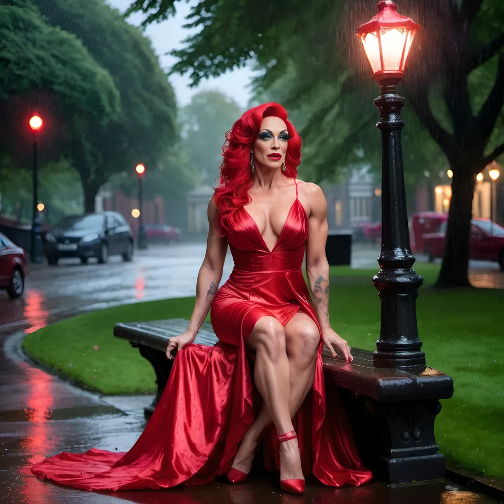 Prompt: A mesmerizing digital photograph of a gorgeous, tall, muscular 35-year-old British drag queen in a flowing red silk dress, seated on a wet bench beneath a dim, old street lamp in a rain-soaked park. With an air of mystique, she gracefully dances, its rich tones resonating through the damp air. The atmosphere is both enchanting and melancholic, with the rain-drenched landscape enhancing the emotional intensity of the scene.