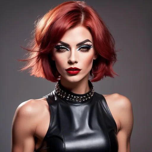 Prompt: (Gorgeous ultra-muscular 25-year-old Czechian drag queen with petite feminine muscular body), (lightly masculine facial structure), medium length messy red bob cut hair, heavy mascara, dark red lipstick, 
 wearing stylish male clothes, leather collar, 8 inch stiletto high heel shoes, dancing joyfully with other girls, vibrant colors, energetic ambiance, dynamic motion, fun atmosphere, (HD), ultra-detailed, whimsical background filled with flowing fabrics and abstract shapes.