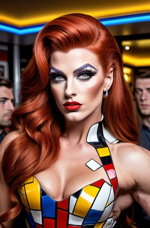 Prompt: (Gorgeous ultra-muscular 25-year-old Romanian drag queen bodybuilder) intricately detailed face, gray eyes, very long wavy swept-over auburn-red hair, (wearing colorful cubist Mondrian print minidress, white mules), standing in a busy & crowded bar, high detail, photorealistic, high-res, professional photo, vibrant colors, assorted colorful lighting, bustling lively atmosphere, expressive facial features, sharp focus, lively background details, stylish modern bar environment, 4K, ultra-detailed.