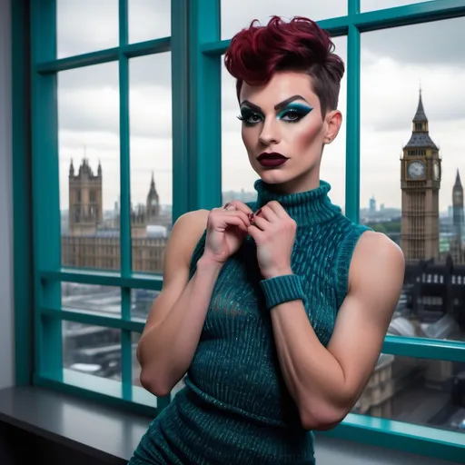 Prompt: Gorgeous muscular 25-year-old French drag queen with strong masculine jawline,  very short dark red hair, dark eyeshadow, and dark lipstick, in the CAD office wearing chenille knitted wrist in teal blue and red gradient, next to the window with London city and Big Ben view