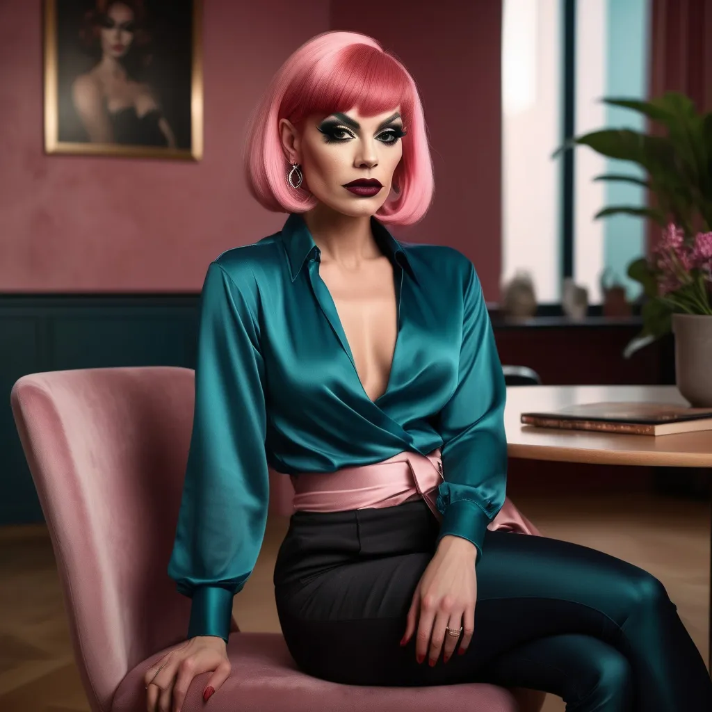 Prompt: photorealistic, (introspective) gorgeous Swedish drag queen with pink longbob seated in (thinker pose), dark eyeshadow abd dark red lipstick, muscular physique, black capi pants and wrap around teal blouse, soft natural lighting, warm tones, delicate shadows enhancing features, comfortable room ambiance, modern interior with minimalistic decor, inviting atmosphere, high resolution, ultra-detailed image, emphasizing deep thought and contemplation.