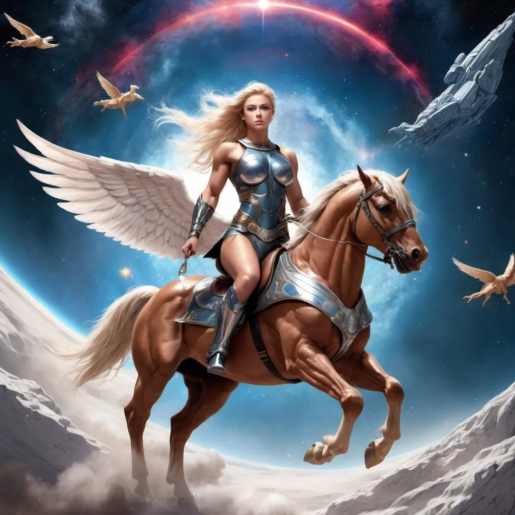 Prompt: Gorgeous ultra-muscular 25-year-old Valkyrie riding a winged horse through space and time