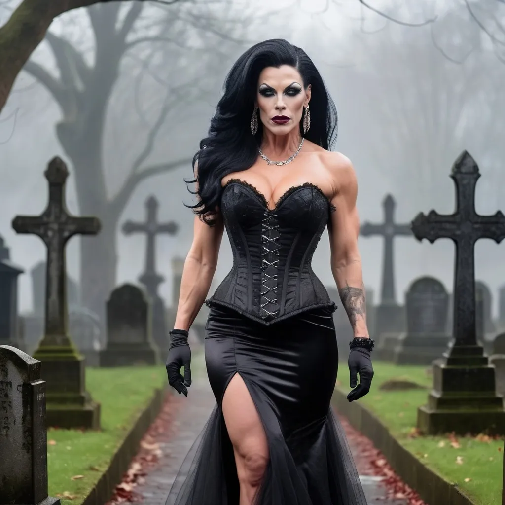 Prompt: A gorgeous muscular 35-year-old British drag queen bodybuilder with jet-black hair and crimson lips, dressed in a corset-style black gown, walking through a misty, moonlit graveyard.
