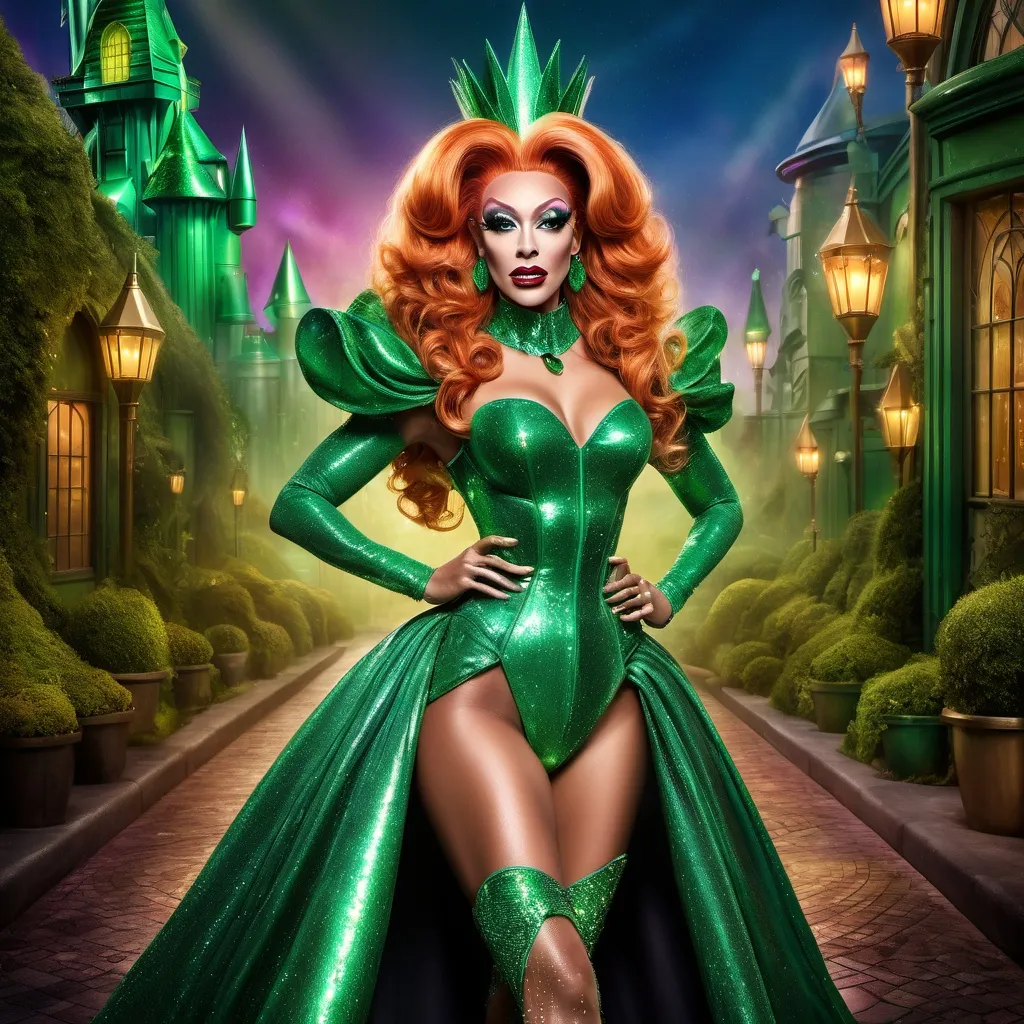 Prompt: If the Wizard of Oz was a gorgeous supermodel drag queen (full length photo) with long muscular legs and a very muscular physique