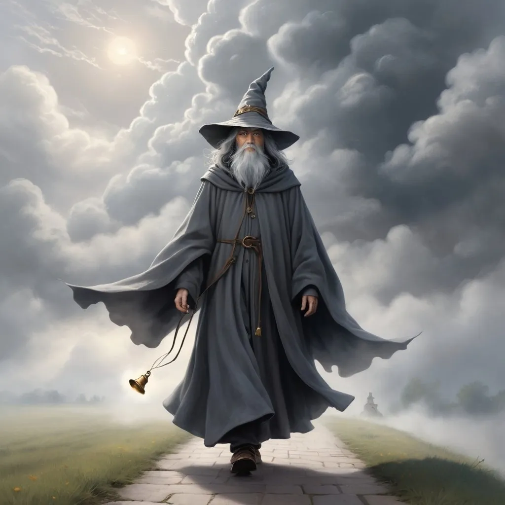 Prompt: Misty morning, clouds in the sky
Without warning, a wizard walks by
Casting his shadow, weaving his spell
Long, grey cloak, tinkling bell