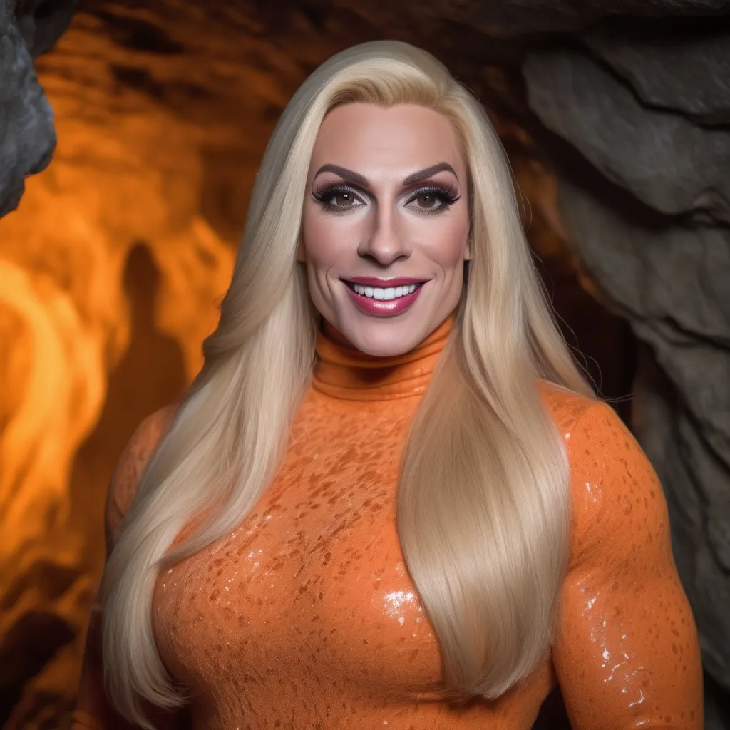 Prompt: professional portrait photograph of a gorgeous muscular 35-year-old British drag queen (strong masculine jawline and brow features) in orange winter clothing, long natural blonde hair, most attractive face, (freckles), nice smile, cute stylish makeup, wearing elegant warm winter fashion clothing, ((standing out side a frozen cave), hyper- realistic, detailed features, realistic lighting, high quality, realistic view,, elegant, realistic setting, professional, detailed, glamorous, actress, iconic, stunning modern urban environment, ultra realistic, concept art, elegant, highly detailed, intricate, sharp focus, depth of field, f/1. 8, 85mm, medium shot, mid shot, (((professionally color graded))), bright soft diffused light, (volumetric fog), trending on instagram, hdr 4k, 8k