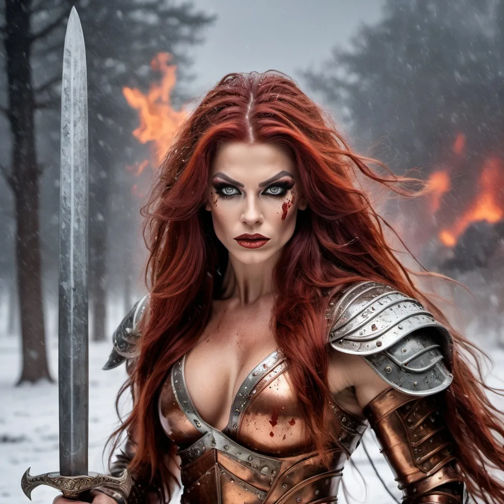 Prompt: Gorgeous muscular 25-year-old Slavic drag queen bodybuilder with ridiculously long wavy dark red hair, dressed as a warrior princess in complete bronze steel armor and a gleeming silver longsword in the midst of a bloody and fiery battle during the height of a winter storm.