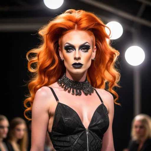 Prompt: Gorgeous statuesque 25-year-old Norwegian drag queen runway model wuth dark orange hair walking the catwalk at a fashion show.