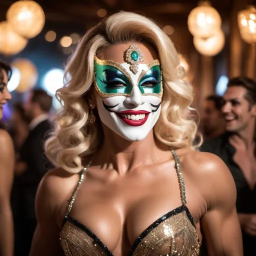 Prompt: A wide, soft focus, full-body (((cowboy shot))) of a masked Swiss champagne drag queen diva bodybuilder at a bohemian masquerade ball. Dramatic lighting and shadows. She is laughing heartedly, expressive body language.