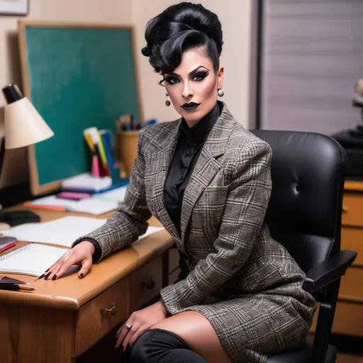 Prompt: Gorgeous, muscular, transwoman Teacher (with very strong masculine jawline) with long luscious black updo hair, dark eye makeup,  and dark lipstick wearing a beautiful designer tweed jacket & dress and thigh-high 8 inch stiletto boots. Sitting confidently on her desk.