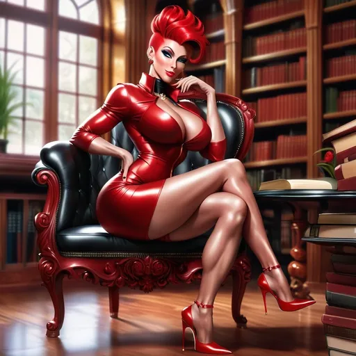 Prompt: UltraMuscular beautiful mature goddess bodybuilder with red updo hair and in a librarian outfit with 8 inch stiletto heels sitting on the table with legs crossed