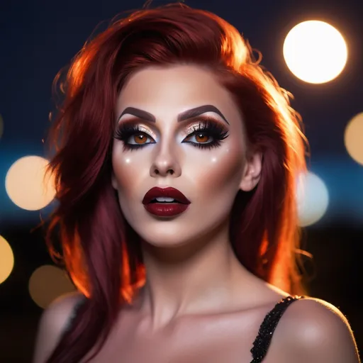 Prompt: epic masterpiece, at (night:1.8) with (hyper detailed:1.5), gorgeous, 25-year-old, Polish drag queen supermodel, looking at camera, dark orange hair, dark eyeshadow and dark red lipstick, Insanely detailed, backlit, bokeh, face turned upwards to the sky, blushing lightly with mouth open, she has an orange diaphanous flowing transparent long shawl draped about her shoulders and upper arms, midnight, a calm lake in ((pouring rain:1.4)), surrounded by high cliffs covered in shadows, breathtaking starry night sky, galaxies, nebula, tiny fireflies floating in the air, 8k photo, HDR, masterpiece, fine details, natural beauty, breathtaking, captivating, fine details, sharp, very detailed, high resolution, close up, taken with a Hasselblad H6D-100c, Hasselblad Zeiss Sonnar F 150mm f/2.8 lens, Godox SK400II Professional Compact 400Ws Studio Flash, sharp focus, fine details, 5 flash set up, Ring light for catchlight eyes, Award winning photography, pro lighting, realistic, realism