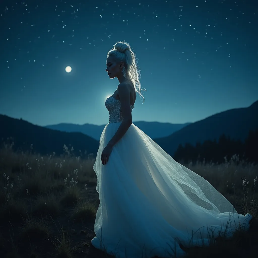 Prompt: (beautiful white Swedish drag queen) walking gracefully under a starlit sky, (melancholic mood), deep indigo and shimmering silver tones, soft ethereal glow, a delicate veil of night softly surrounding her, gentle whispers of a cool breeze, capturing a moment of quiet elegance, (highly detailed), enchanting landscape in the background, timeless and romantic atmosphere.