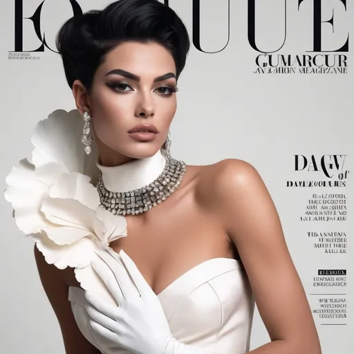 Prompt: A mesmerizing portrait graces the cover of an elite fashion magazine, capturing the essence of high-end sophistication. Set against a Cloud-white backdrop, the gorgeous, muscular, French drag queen (slight masculine jawline and brow features), model exudes confidence and allure, Large busom, adorned in exquisite fashion garments that epitomize elegance and class. This breathtaking image transcends traditional notions of style, embodying an innovative vision of haute couture that pushes the boundaries of modern aesthetics.