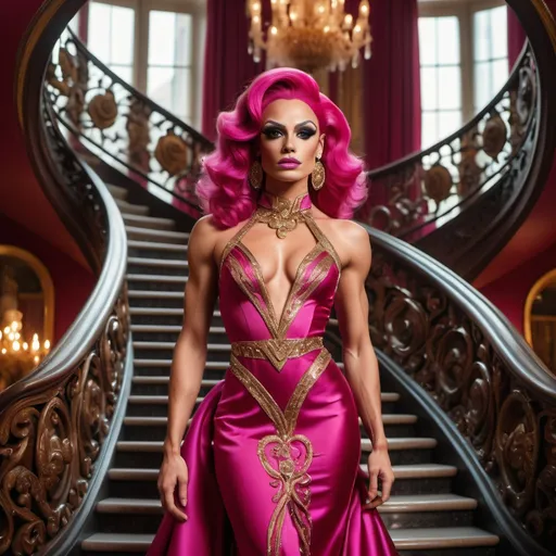 Prompt: High-resolution, cinematic-style photograph featuring a gorgeous ultra-muscular 25-year-old Romanian drag queen bodybuilder with fair skin and fuchsia hair styled in elegant waves. Wearing a bronze and red gorgeous Versace dress with a high neck line. She is standing on an ornate staircase in a grand, opulent interior.