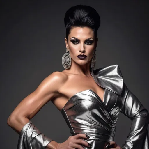 Prompt: Gorgeous muscular 35-year-old Hungarian drag queen (with masculine jawline and brow facial features) bodybuilder with large busom, dark eyeshadow,  and dark lipstick, (Versace Metallic dress), luxurious design, shimmering silver tones, high-fashion, dramatic, elegant folds flowing, ultra-detailed fabric textures, opulent atmosphere, spotlight highlighting the dress, captivating signature style, stylish runway setting, vibrant reflections, fashion photography, 4K quality, striking silhouette, contemporary elegance.