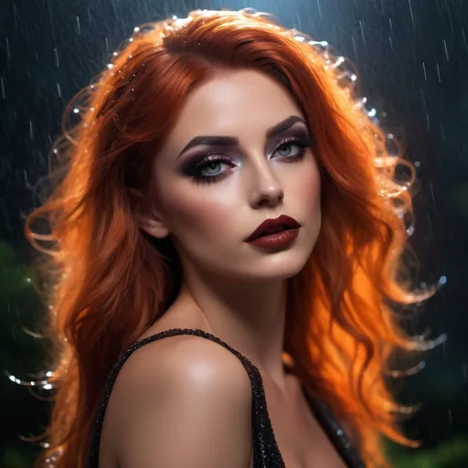 Prompt: epic masterpiece, at (night:1.8) with (hyper detailed:1.5), gorgeous, 25-year-old, Polish drag queen supermodel, looking at camera, dark orange hair, dark eyeshadow and dark red lipstick, Insanely detailed, backlit, bokeh, face turned upwards to the sky, blushing lightly with mouth open, she has an orange diaphanous flowing transparent long shawl draped about her shoulders and upper arms, midnight, a calm lake in ((pouring rain:1.4)), surrounded by high cliffs covered in shadows, breathtaking starry night sky, galaxies, nebula, tiny fireflies floating in the air, 8k photo, HDR, masterpiece, fine details, natural beauty, breathtaking, captivating, fine details, sharp, very detailed, high resolution, close up, taken with a Hasselblad H6D-100c, Hasselblad Zeiss Sonnar F 150mm f/2.8 lens, Godox SK400II Professional Compact 400Ws Studio Flash, sharp focus, fine details, 5 flash set up, Ring light for catchlight eyes, Award winning photography, pro lighting, realistic, realism