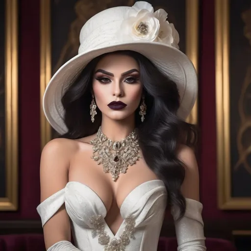 Prompt: A striking Gorgeous muscular 20-year-old Turkish drag queen bodybuilder (with masculine facial features, dark lipstick, large busom) stands center stage, adorned in an elegant, form-fitting gown that flows gracefully into a ruffled hem. The outfit is primarily white, complimented by soft, delicate ruffles at the wrists, exuding both sophistication and drama. Topping the ensemble is an oversized hat, seemingly illuminated from within, its fabric flowing like a halo while adorned with dangling jewels that catch the light. The background, rich in texture with deep reds and golds, suggests an opulent indoor setting, enhancing the overall mood of grandeur and theatricality. The scene captures an intriguing blend of contemporary fashion and classic elegance, inviting viewers to admire this mesmerizing figure as if frozen in a moment of artistic expression.