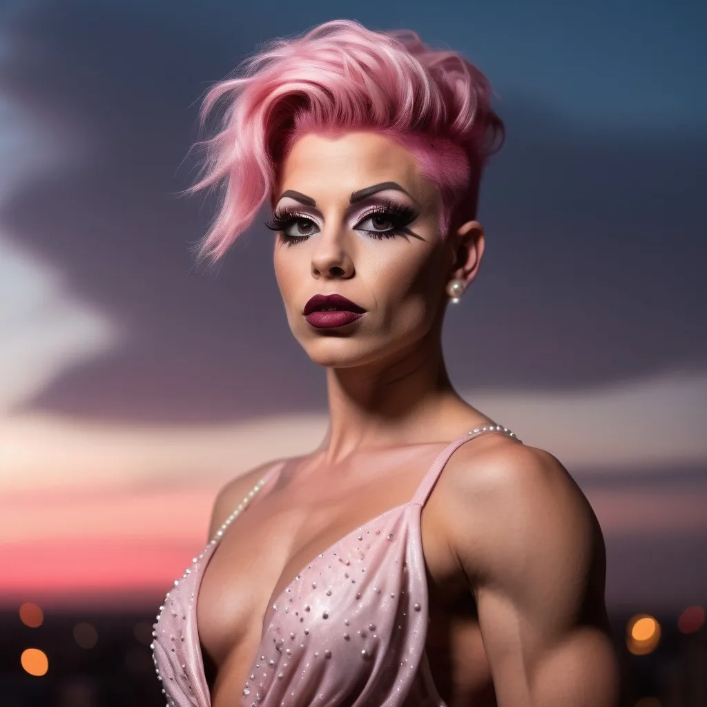 Prompt: Gorgeous ultra-muscular 25-year-old Czechian drag queen bodybuilder with short spiked pink hair wearing a pearl colored flowy gown, dark eye shadow, heavy mascara, and dark red lipstick, staring at the stars in the sky and feeling content.