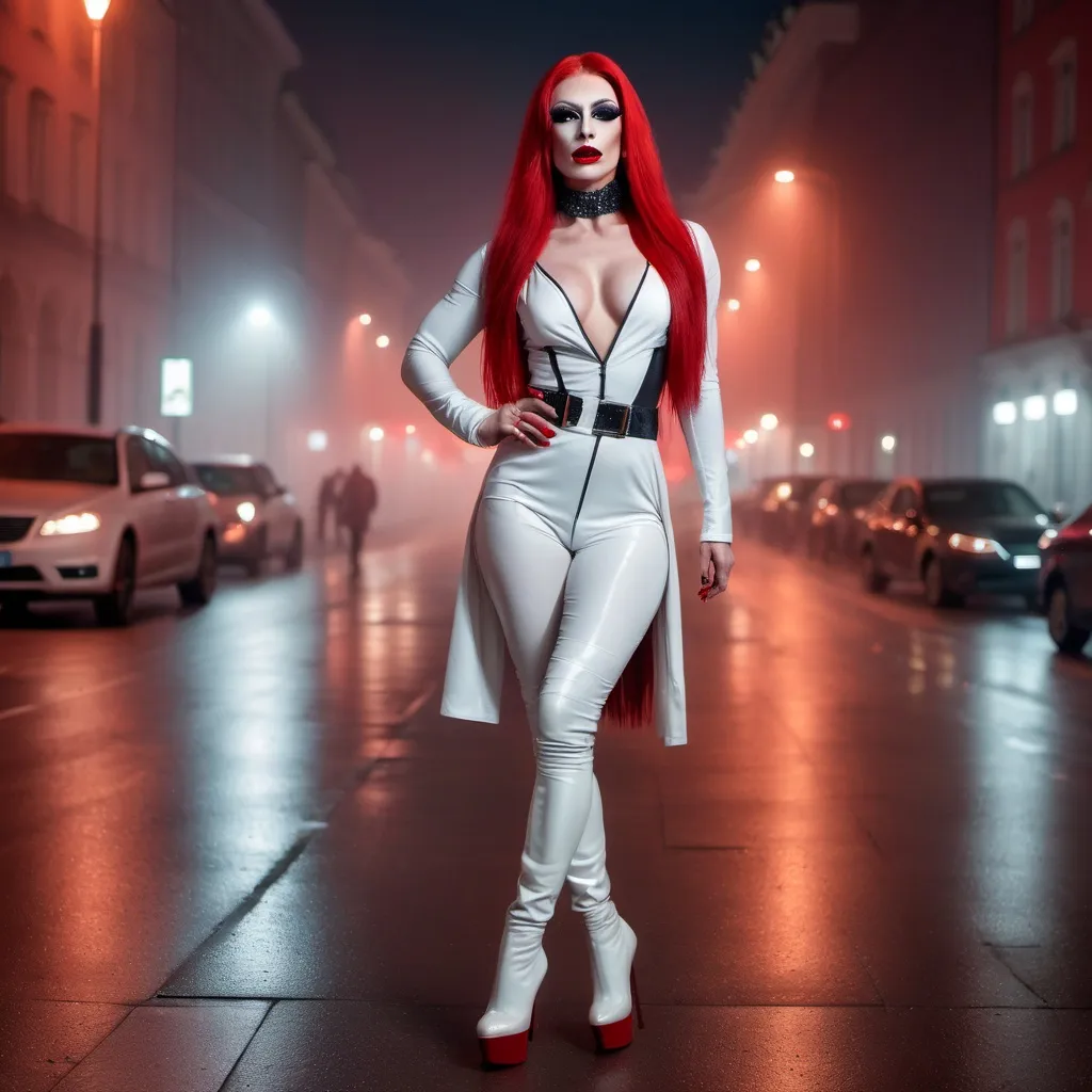 Prompt: Mysterious, Tall, gorgeous, muscular, 25-year-old Polish drag queen with long bright red stylish hair, dark eyeshadow,  and dark red lipstick, wearing a beautiful white outfit and 8 inch stiletto red thigh-high stiletto high heel boots, walking the streets of Warsaw on a foggy evening.