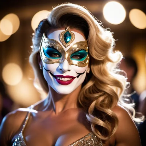 Prompt: A wide, soft focus, (((cowboy shot))) of a masked French champagne drag queen diva bodybuilder at a bohemian masquerade ball. Dramatic lighting and shadows. She is laughing heartedly, expressive body language.