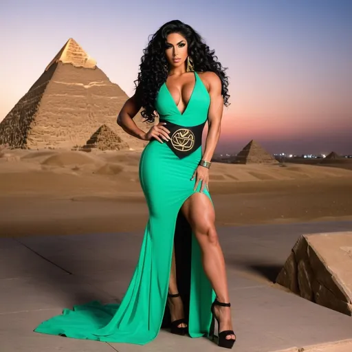 Prompt: Gorgeous ultra-muscular 25-year-old Egyptian goddess bodybuilder with huge busom, light green eyes lined with kohl, ridiculously long curly black hair, wearing a wearing a sheath dress with the hieroglyphic sign of the throne and 8 inch stiletto high heel shoes, pyramids in the background at dusk.