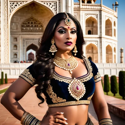 Prompt: In 1670's a gorgeous, very muscular 35-year-old Indian drag queen (with strong masculine facial features, dark lipstick, large busom) standing majestically in front of the Taj Mahal, wearing an opulent and elaborate traditional Indian royal dress adorned with intricate gold embroidery and sparkling jewels. She exudes grace and power, with a serene yet commanding expression that captures the admiration of the gathered crowd. The scene is composed with expert artistry, featuring dramatic lighting that highlights the rich textures of her attire and the architectural beauty of the Taj Mahal. The composition should feel like a professional artistic photograph, with meticulous attention to details in posture, facial expression, and the interplay of light and shadow, creating an atmosphere of regal elegance and reverence.