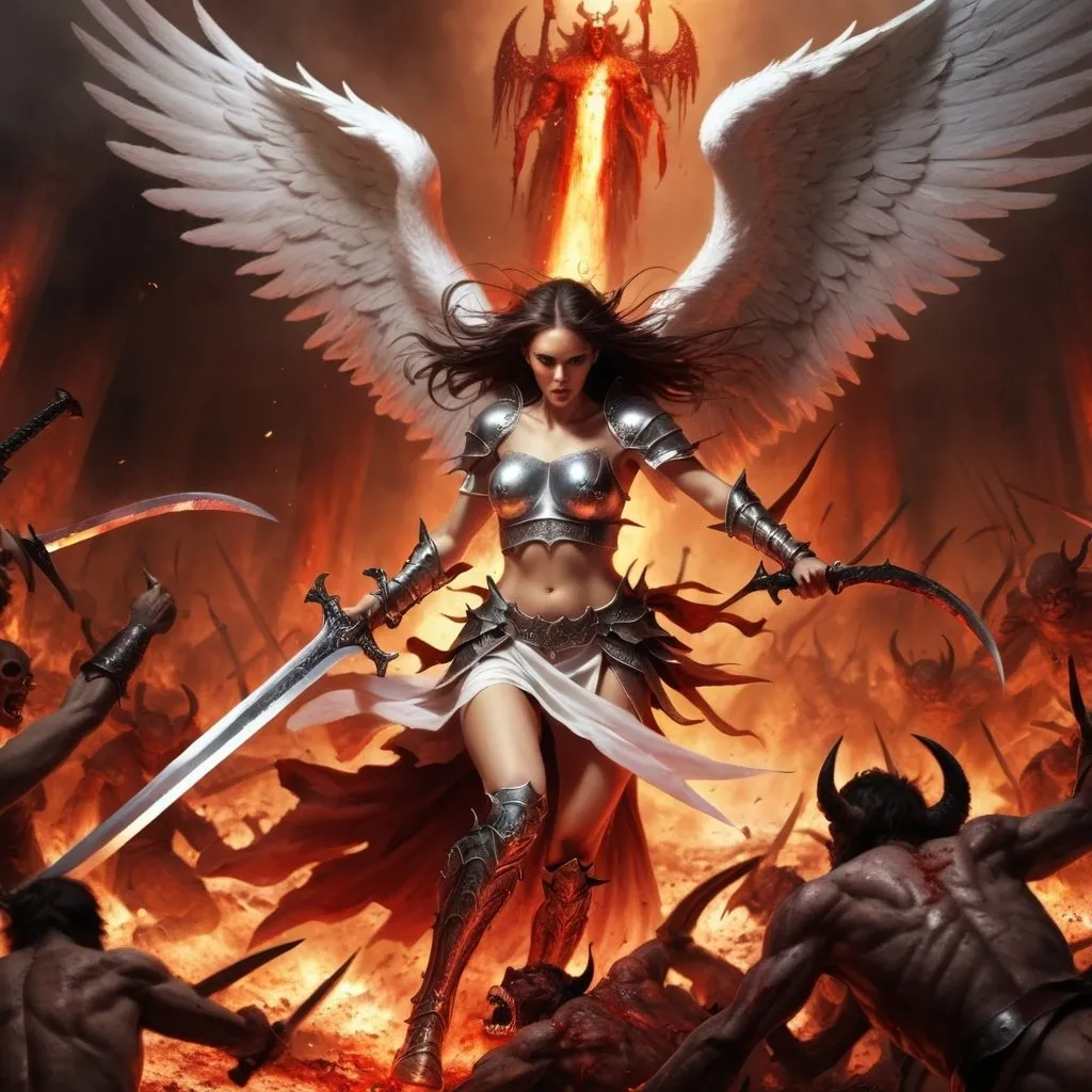 Prompt: Gorgeous angel warrior fighting her way through hell with only a large sword. Bloody demon hoard in background. 