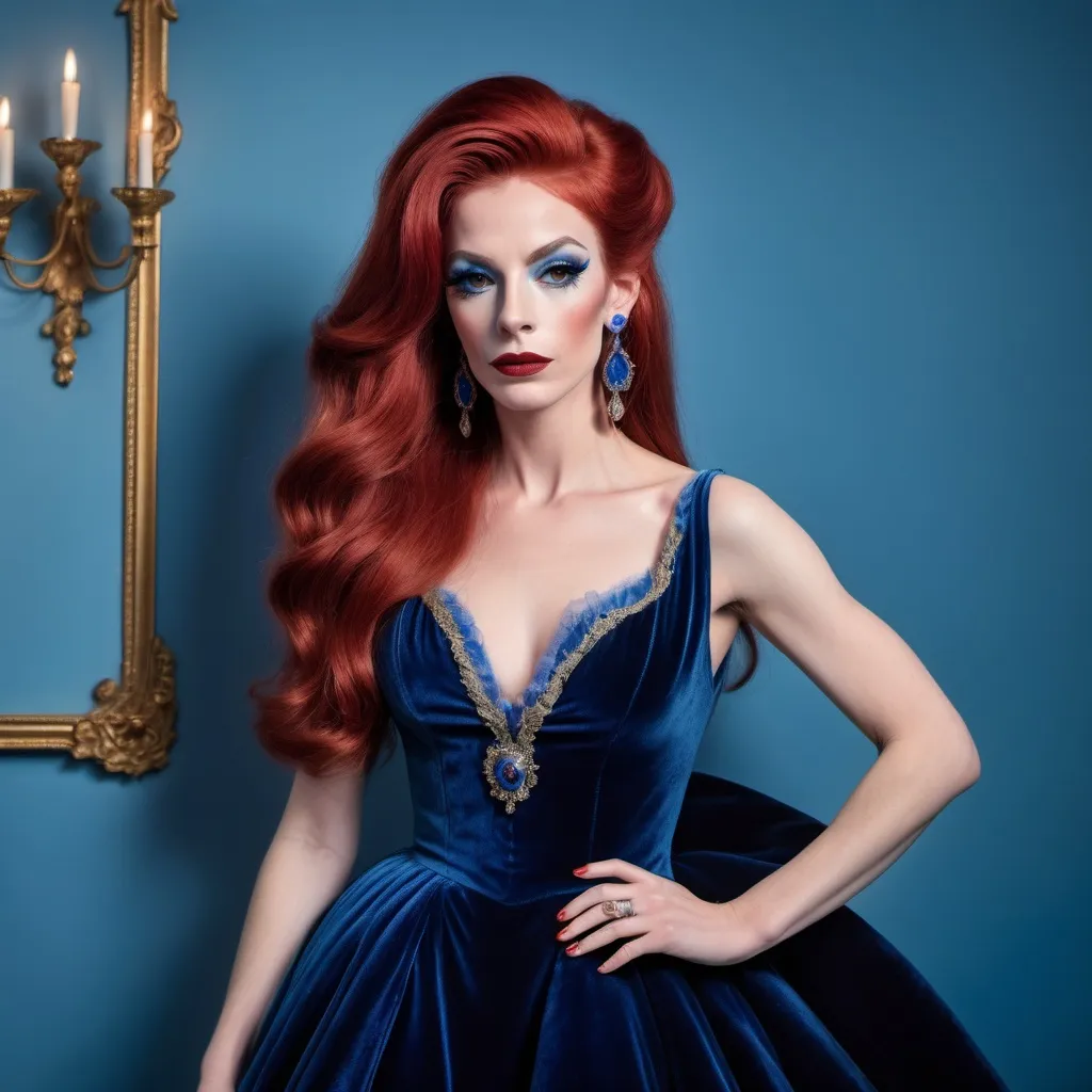 Prompt: a French drag queen (with strong masculine jawline and brow facial features) with long red hair wearing blue velvet dress and earrings, posing for a picture with a blue background, Elina Karimova, rococo, elegance,  photorealistic