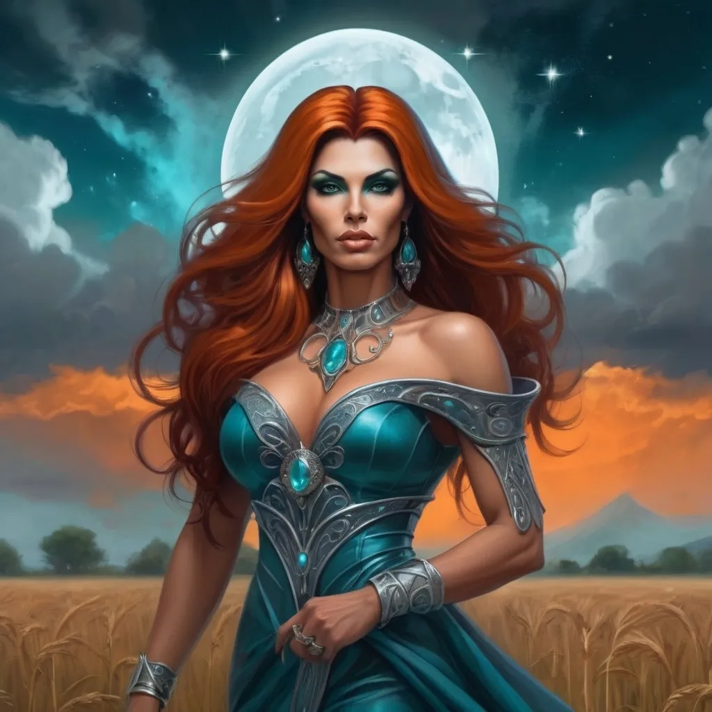 Prompt: The Queen Of Time And Space, a gorgeous muscular drag queen (with strong masculine facial features), Dark orange hair and big busom, in a Teal dress standing in a field of clouds and stars with a full moon behind her, Anne Stokes, fantasy art, epic fantasy character art, concept art