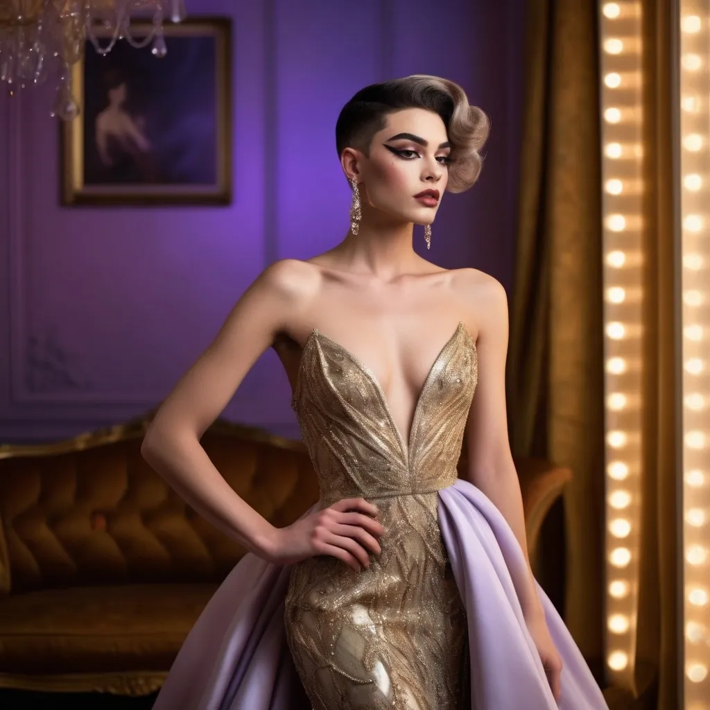 Prompt: Elegant 19-year-old French drag queen (with strong masculine jawline and brow facial features), adorned in a flowing gown that sways gracefully, radiating poise and sophistication, set against a softly blurred opulent background filled with twilight colors, exuding an atmosphere of charm and allure, high fashion portrait, ultra-detailed, luxurious textures, warm golden lighting, capturing the essence of elegance in every detail.